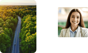 A highway that passes through a forest. A smiling young woman.