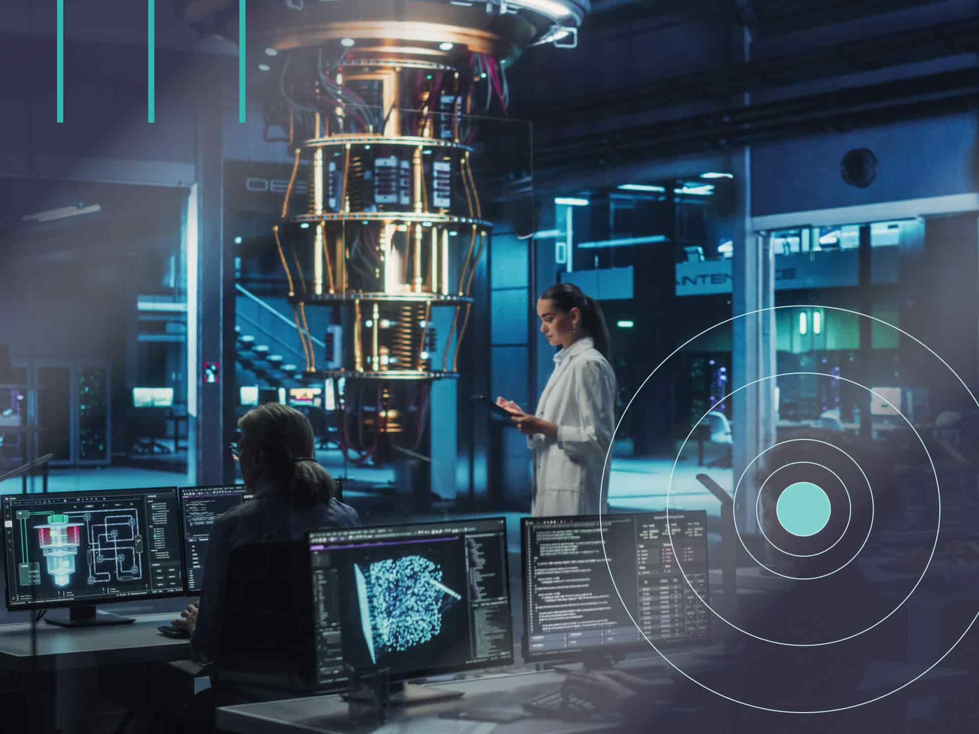 Due ricercatrici in un laboratorio con un quantum computer.